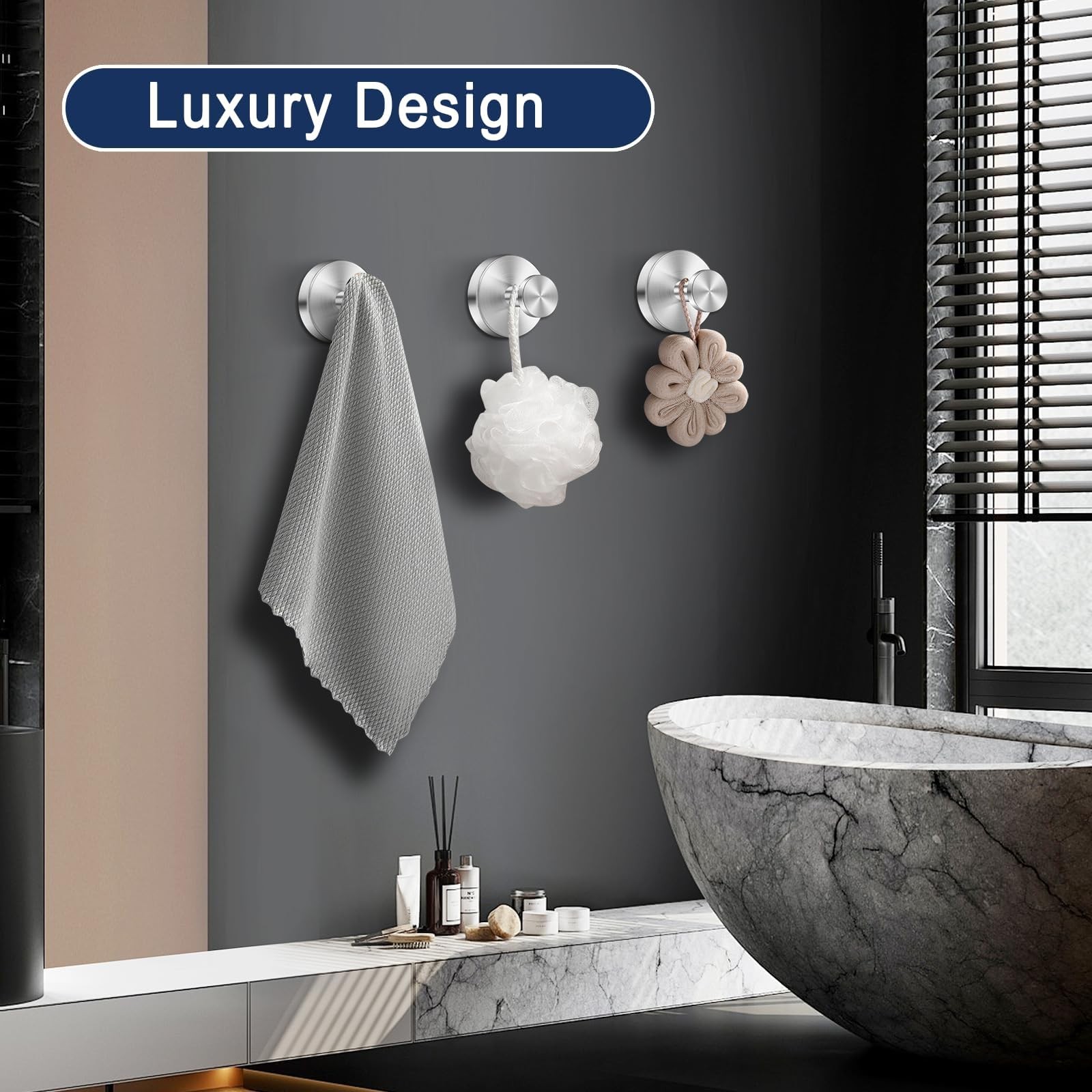 Silver Suction Cup Hooks for Shower Waterproof - No Drill Stainless Steel Tow...