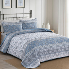 Blue Boho Quilt Set Queen Size Striped Bedspread Floral Bedding Set 3 Pieces Sof