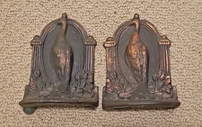 Antique Weidlich Brothers 1930’s Art Deco Peacock Dipped Bronze  Bookends Pair
