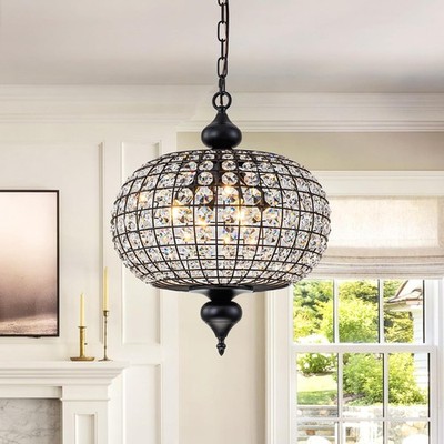 HUOKU 16'' Vintage Crystal Chandelier Farmhouse Ceiling Light Fixture Black Gold