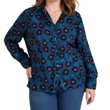 Diane von Furstenberg Alona Floral Print Button Front Shirt  Royal Blue Pink XL
