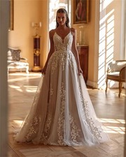 Custom VNeck Lace Appiques Glitter Tull Wedding Dress A-line Sleeveless Backless