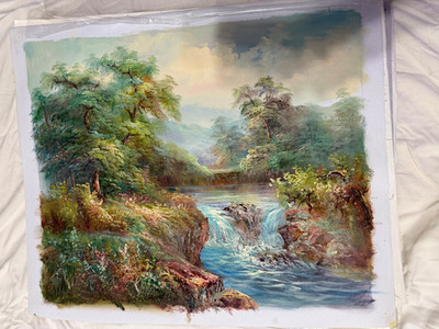 Vintage Woodland River Landscape Oil Painting Waterfall Forest Scenic Nature Art