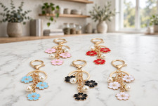 Flower Pearl Bag Charms Keychains Pink White Black Blue Red - 5pcs