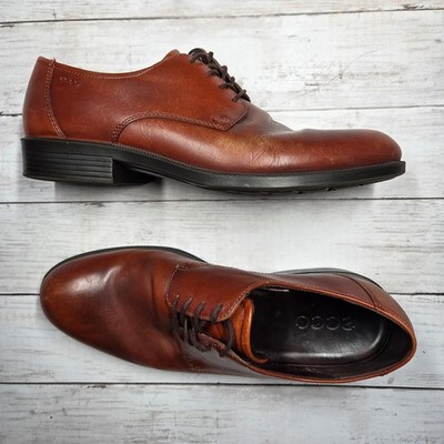 ECCO Plain Toe Derby Dress Shoes Mens 46 Cognac Brown Leather Lace Up