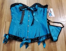 Satin Lace Overlay Burlesque Corset with Thong Panties Size 36 Turquoise