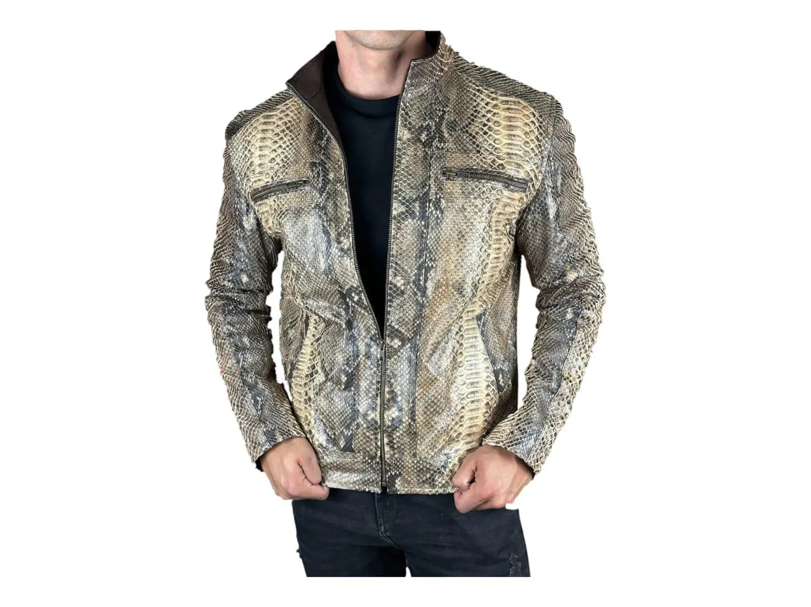 Mens Python Snake Print Leather Jacket Exotic Biker Style Handmade Luxury Jacket