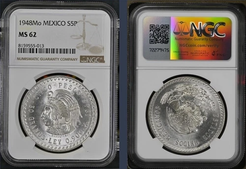 Mexico 1948 5 Pesos Silver ASW 30g. Cuahtemoc NGC MS62 (As Pictured)