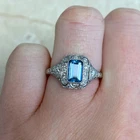 Art Deco Vintage Style Aquamarine & CZ Diamond Engagement 14K White Gold FN Ring