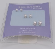 Sensitive Ears Cubic Zirconia Stud Earrings Set 3 Pairs Hypoallergenic NWT
