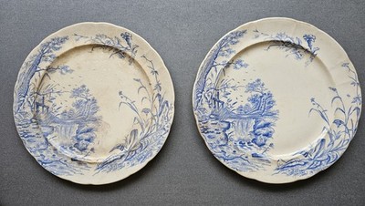 JH Davis  Cascade Blue & White Ceramic Round Plates Set of 2 Printed Backstamp