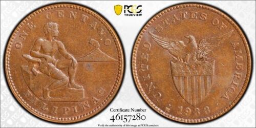 1933-M U.S. Philippines 1 Centavo PCGS MS63BN Lot#A4714 Choice UNC! - Foto 1 di 4