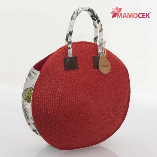 BORSA Donna paglia tonda rossa diam.38 floreale mare estate spiaggia  passeggio | eBay