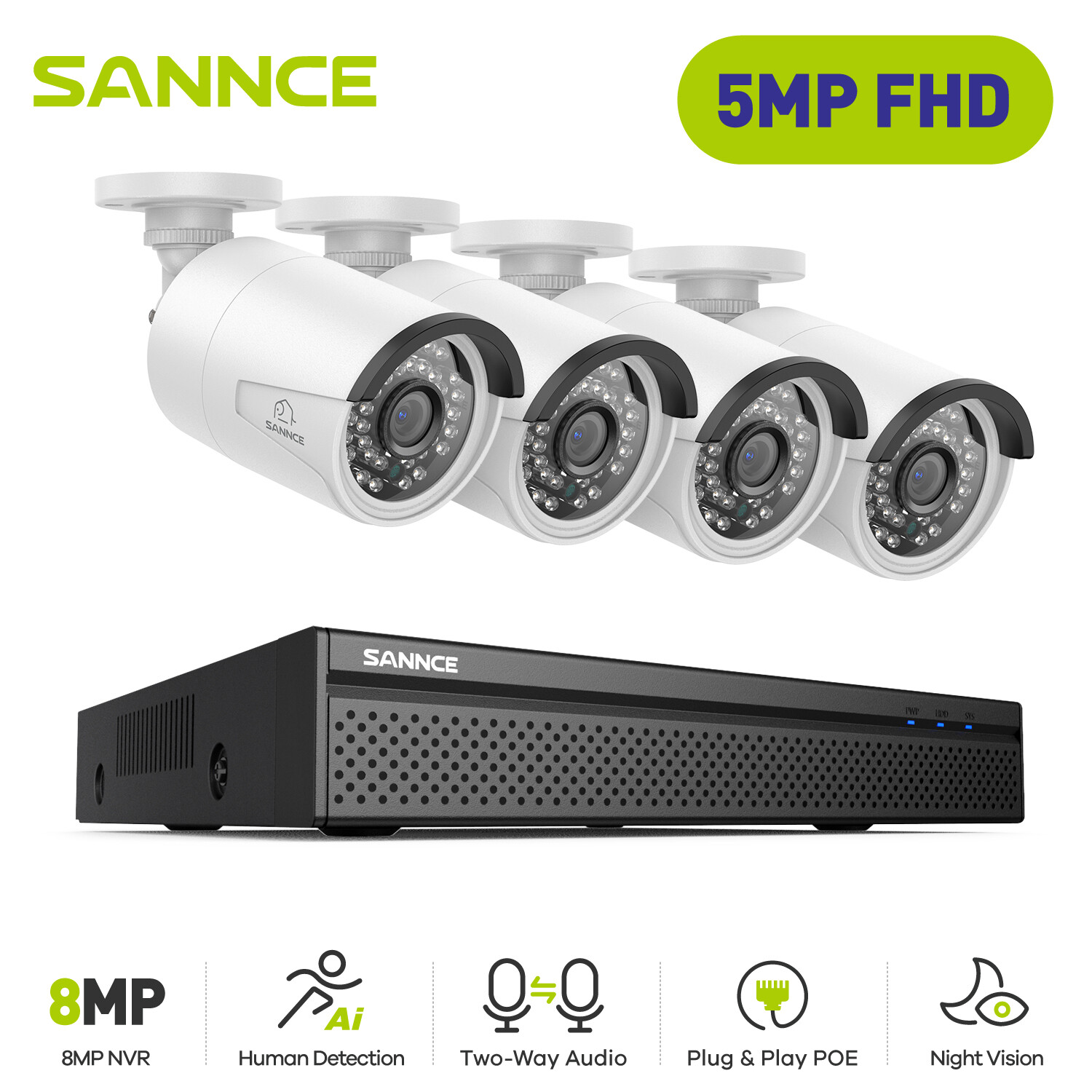SANNCE 4K 8CH NVR 5MP POE Security IP Camera System 2-Way Audio Human Detection