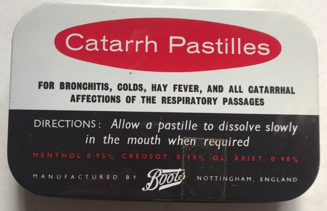 BOOTS CATARRH PASTILLES VINTAGE TIN PINS ETC FOR MODEL RAILWAY TRACK