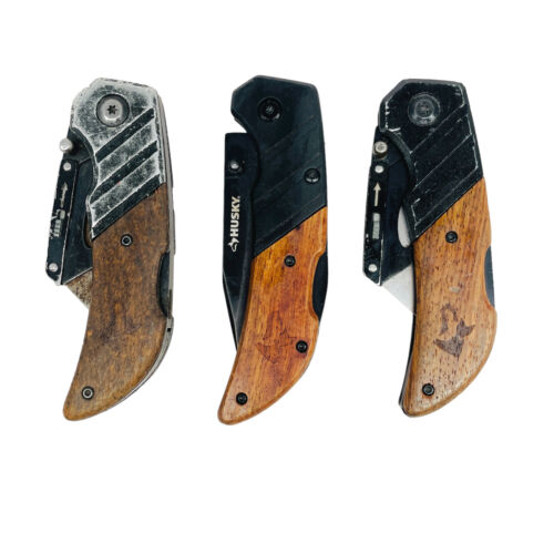 3 Pcs Husky Wood Handle Folding Lock Back Pocket, Utility Knife Box Cutter - Picture 1 of 5