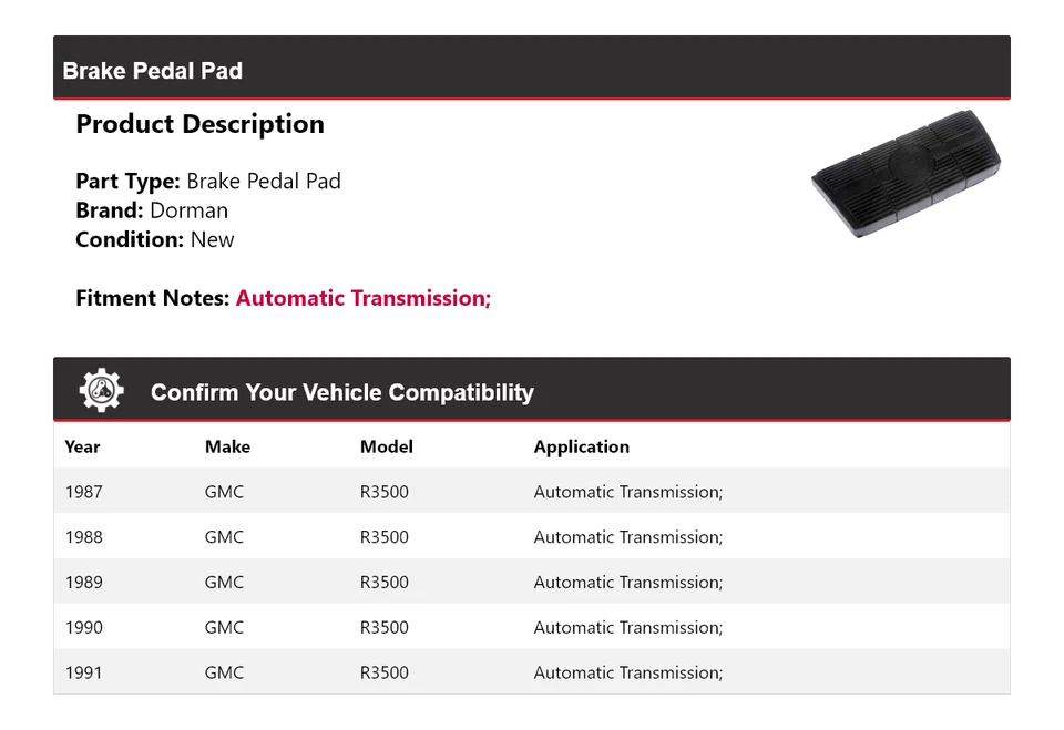 Pastilla de pedal de freno Dorman GMC R3500 1987-1991 1988 1989 1990 Foto 2 de 4