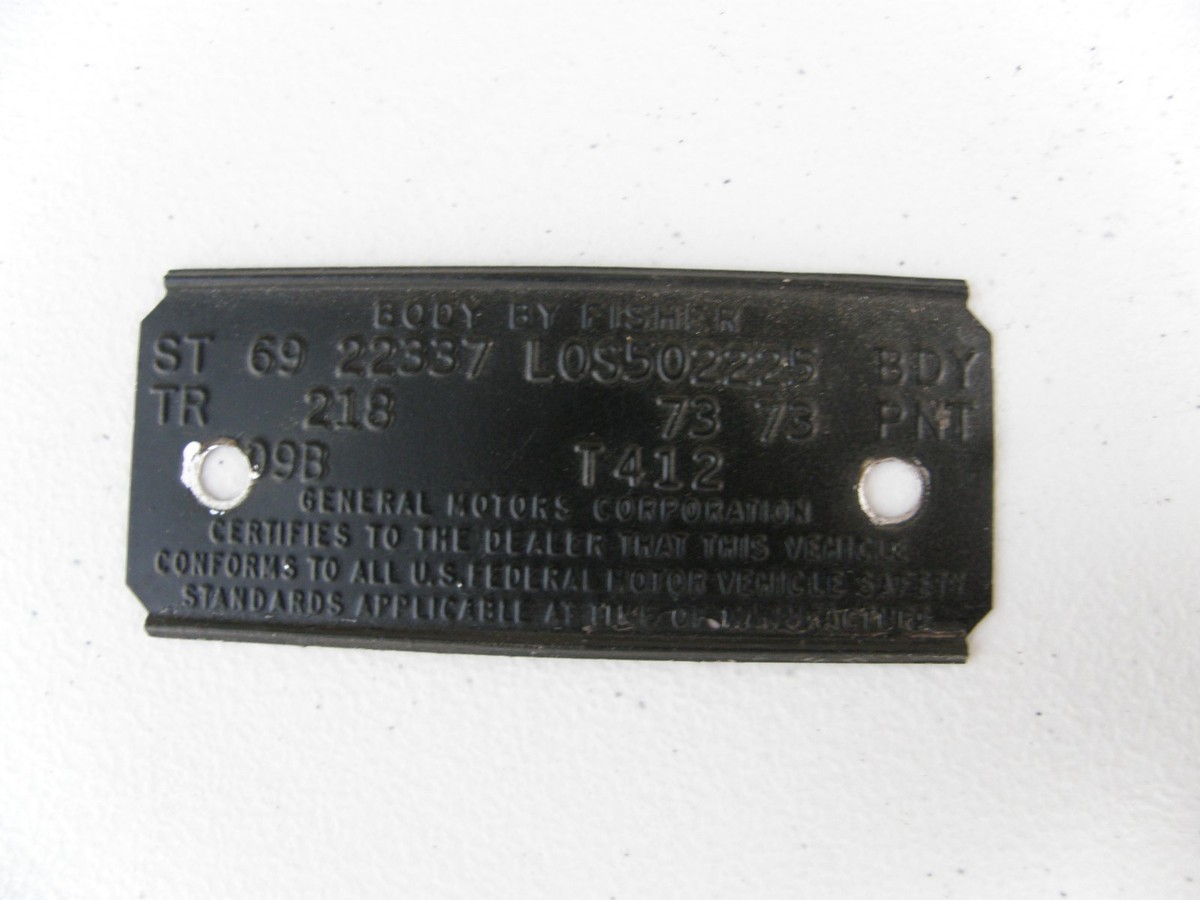 1969 Pontiac Firebird Body by Fisher Cowl Tag Plate Original Verdoro Green Black 1969 Pontiac Firebird Body by Fisher Cowl Tag Plate Original Verdoro Green Black