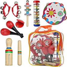 Juguetes musicales para bebés, tambor de percusión, pandereta de madera (rojo)