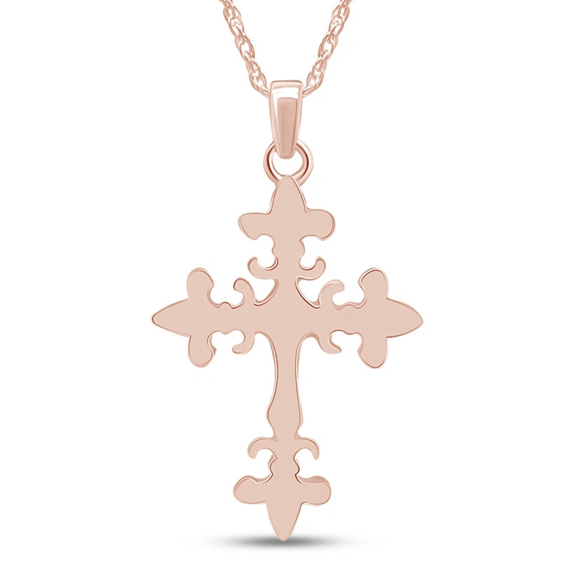 Colgante Cruz Flor de Lis Collar 18" Chapado en Oro Rosa 14K Plata de Ley 925 Foto 3 de 4