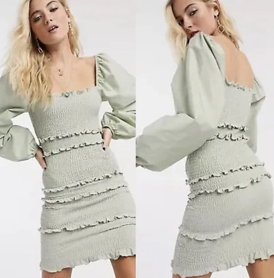 Topshop Smocked Mini Dress 8 Balloon Sleeve Light Sage Green