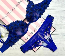 Victoria's Secret LUXE Unlined Floral Embroidered Demi Bra Thong Set Blue Oar