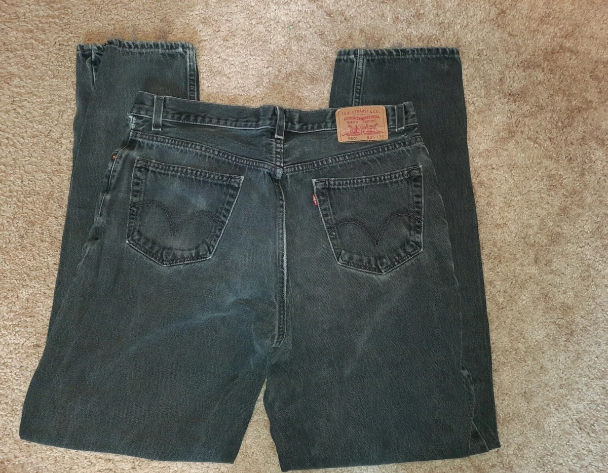 Vintage 90s Levis 560 Black Denim Jeans Men's 36x34 Regular Fit USA Distressed