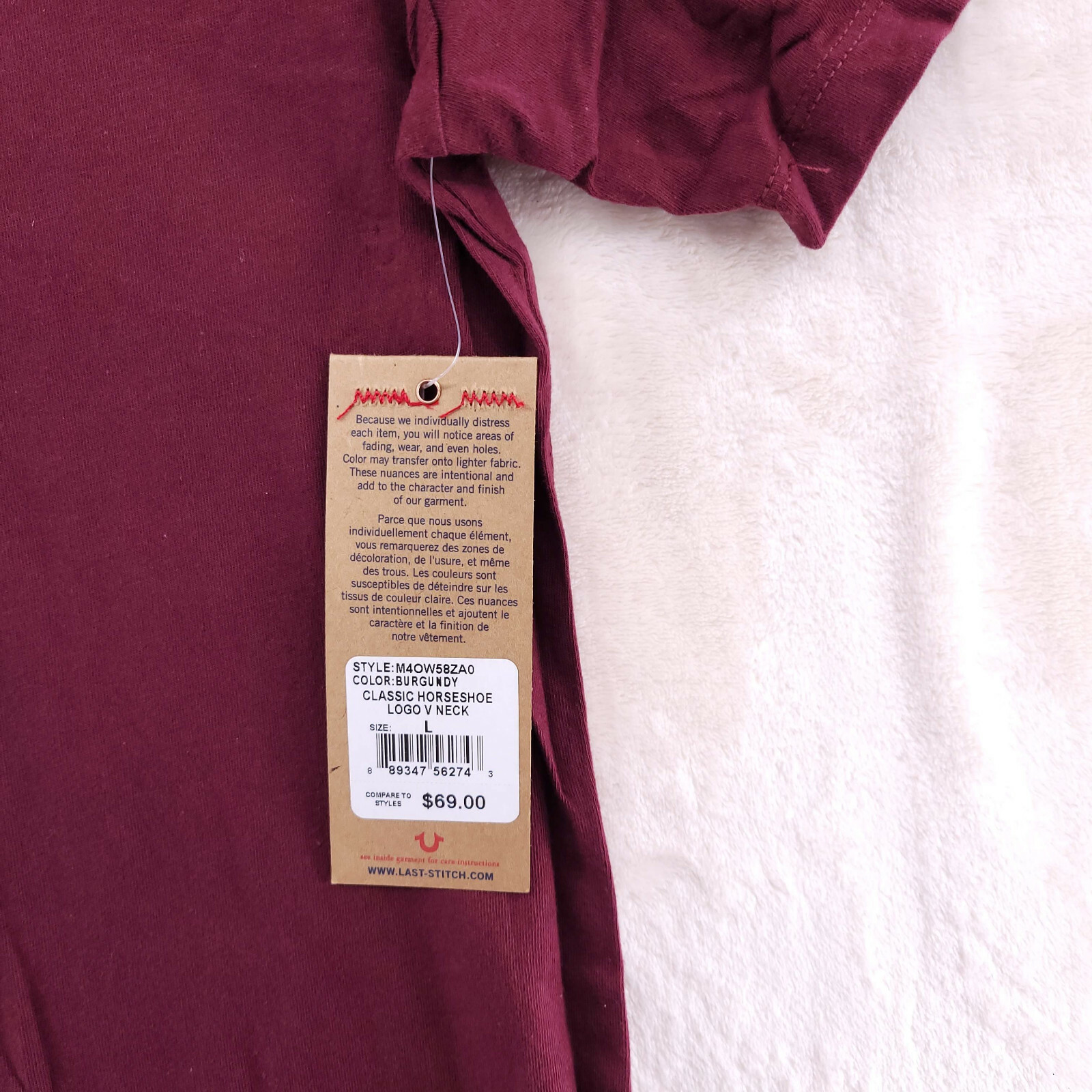 True Religion Men's Size L Burgundy Classic Horseshoe Logo V-Neck T-Shirt thumbnail 5