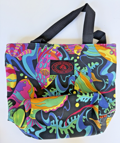 Vintage Hawaii Cloth Hand Bag / Purse Tropical Fish Bright Print Zippers Handle