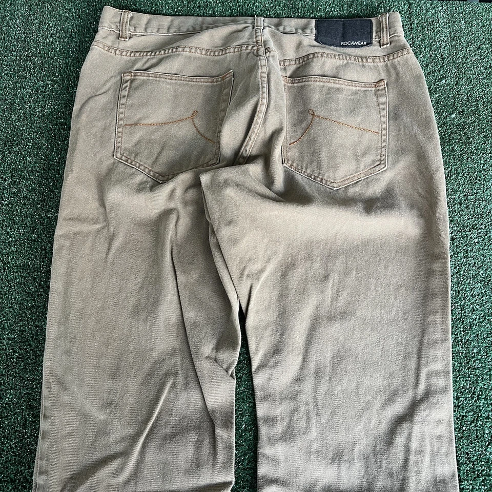 Jeans de mezclilla caqui holgados de pierna ancha Y2K Rocawear 41x32" 20" aberturas estilo JNCO de colección Foto 2 de 4