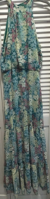 Lush Floral Halter Maxi Dress Pleated Sleeveless Multicolor Size S
