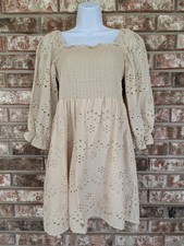 Rebellion Again Dress Womens XL Beige Eyelet Lace Smocked Puff Sleeve Short