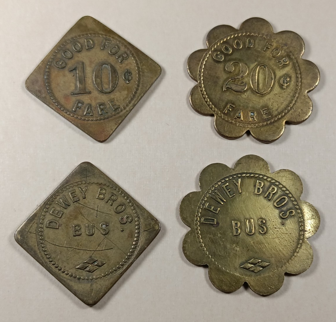 (4) 1920s Brass, DEWEY BROS. BUS Taxi Tokens, Good for 10 cts 20 cts Freeland PA