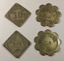 (4) 1920s Brass, DEWEY BROS. BUS Taxi Tokens, Good for 10 cts 20 cts Freeland PA