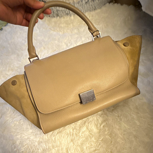 CELINE Beige Satchel Top Handle Bag, Zip Turn Lock, Silver Hardware, Strap