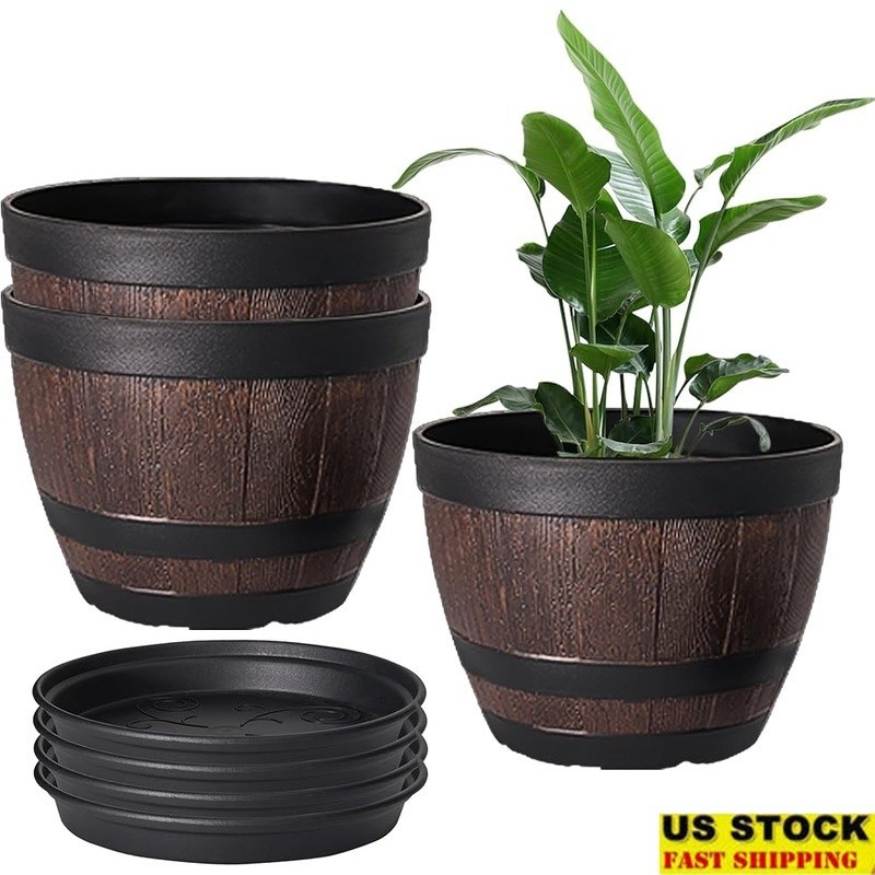 Whiskey Barrel Inspired Plant Pots W/ Drainage & Saucer Indoor Outdoor Use