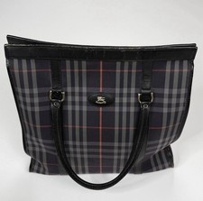 Vintage Burberrys Nova Check Canvas Plaid Leather Tote Bag Made in England Blue