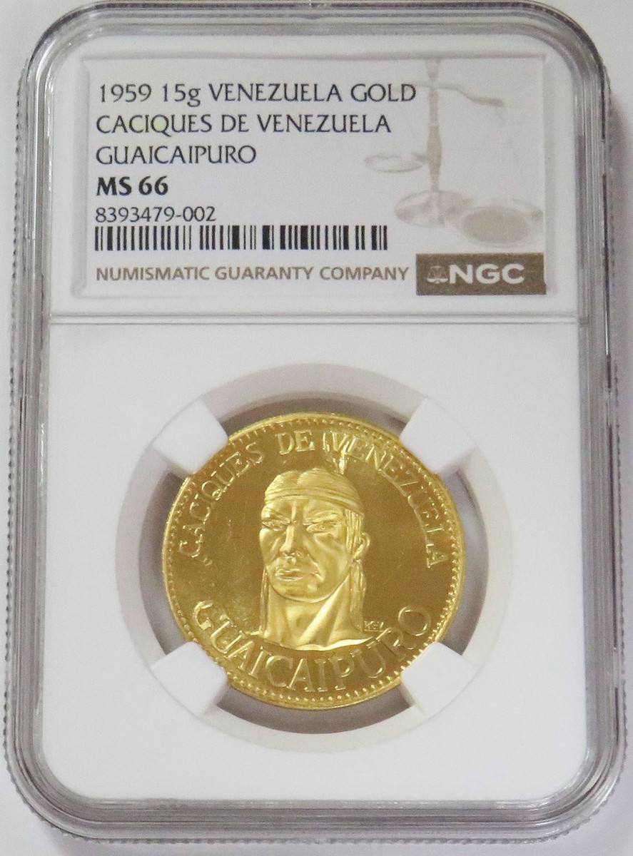 1959 GOLD VENEZUELA GUAICAIPURO CACIQUES CHIEF 15 GRAM NGC MS 66