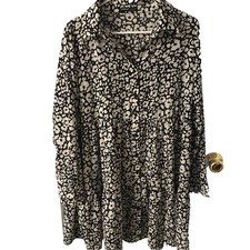 Shein Dress L Black White Flowers Long Sleeve Button Front Ruffle Hem Silky
