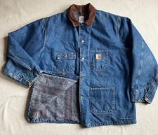 Vintage Carhartt Blue Denim Chore Coat Blanket Lined 2XL C59 Corduroy Collar