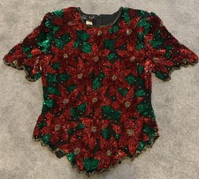 Vintage 80s Laurence Kazar Poinsettia Sequin Top L Holiday Evening Blouse