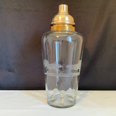 T.G. Hawkes Art Deco Crystal Cocktail Shaker Engraved Dueling Roosters