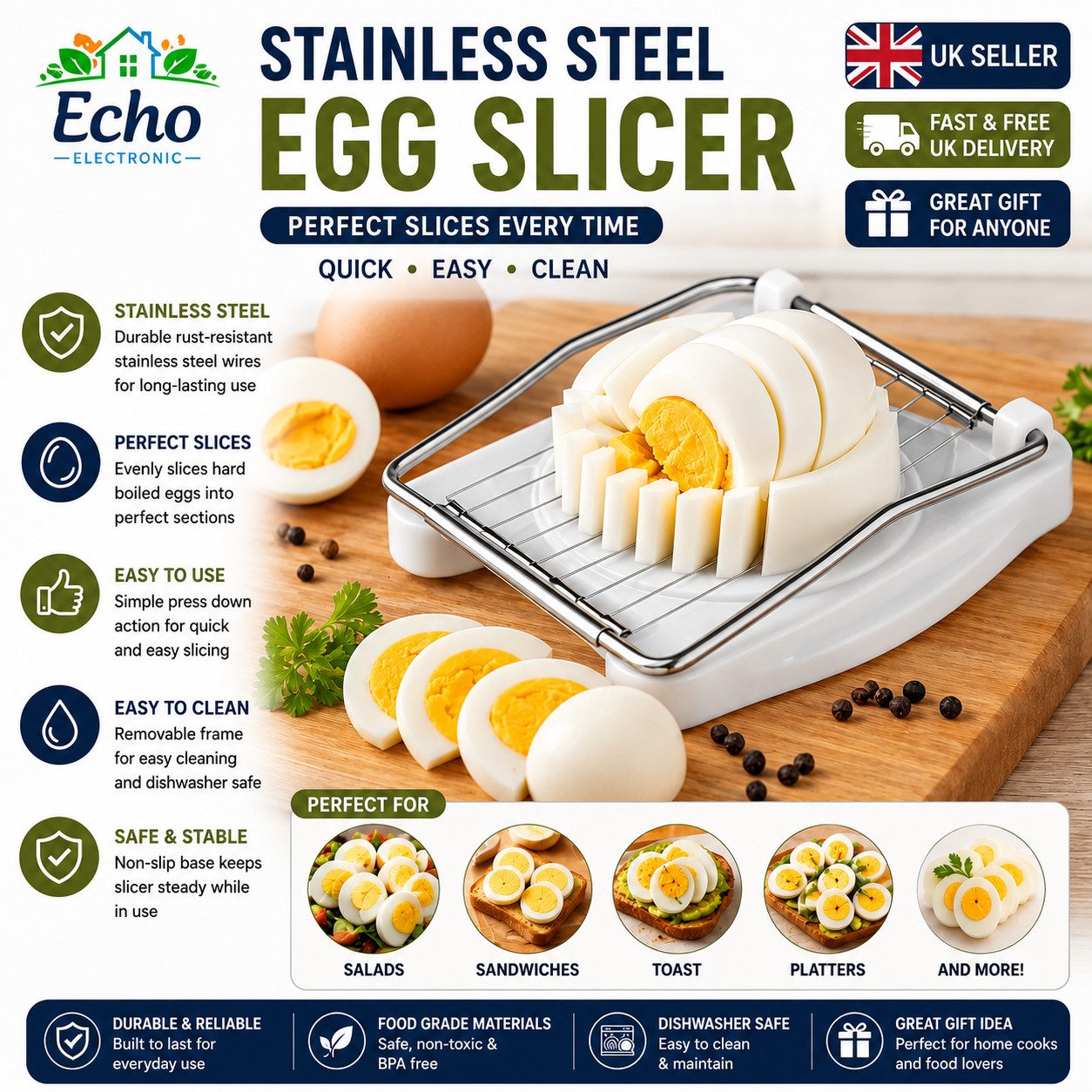 Stainless Steel Egg Slicer – Hard Boiled Egg Cutter & Section Chopper