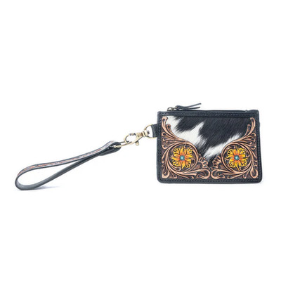 Myra Bag Wildflower Mesa Hand tooled Hair on Leather Card Holder Prairie Amber