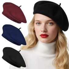 Women French Wool Beret Hats 3 Paris Black, Burgundy, Navy Blue