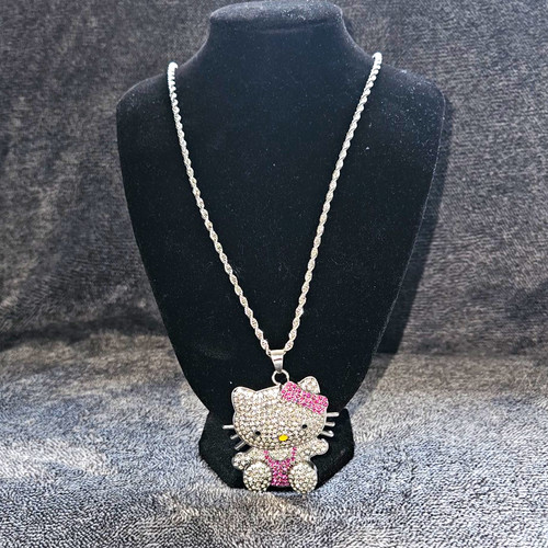 Hello Kitty Sterling Silver  Necklace & Pendant Pink Bow with 5AAAcz 22in