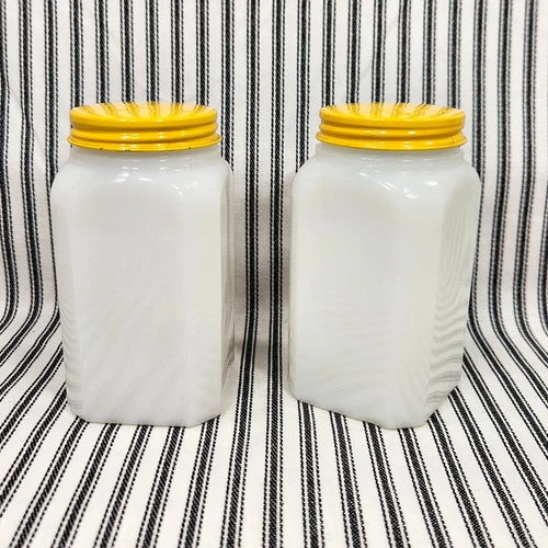 Vintage Salt & Pepper Shaker, Milk Glass & Yellow Enamelware Lid (c. 1950s, 60s)