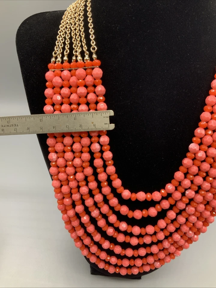 23” Premier Designs 7 Strand Necklace Pink Coral Tone Faceted Beaded Gold Tone - Image 4 of 4