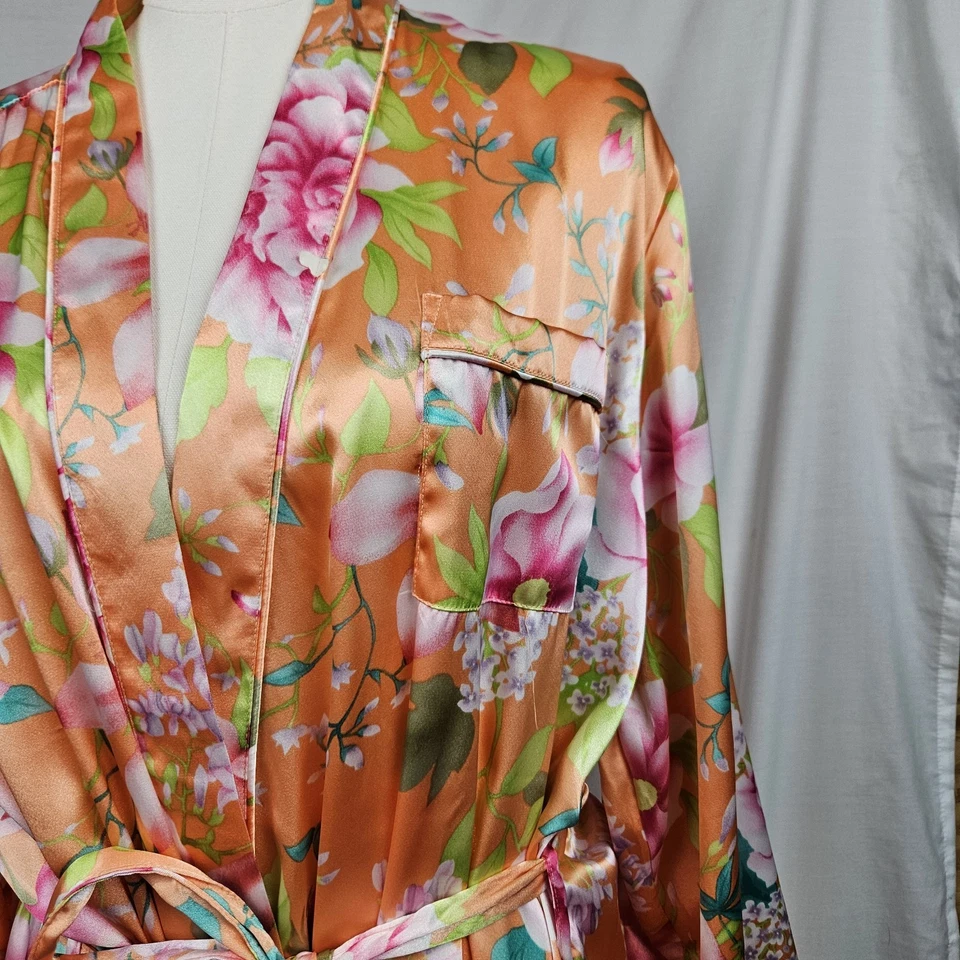 Victoria Secret ROSA Naranja Estampado Tropical Satinado Bata/Kimono 1X/2X Coqueta Foto 3 de 4
