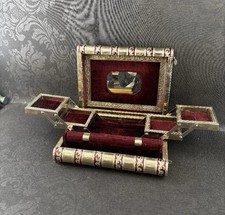 Vintage 1970 Silver Red Velvet Metal Jewelry Box Mirror, Multi-Compartment
